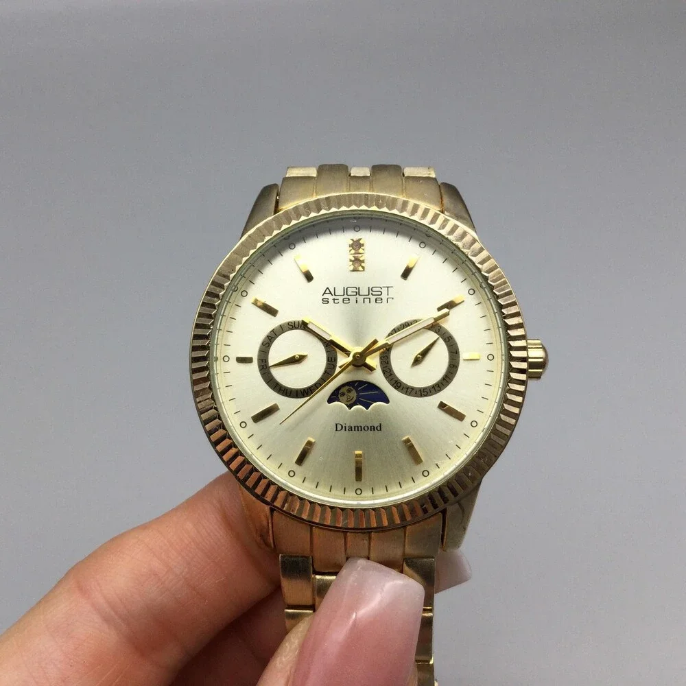 August Steiner Men Watch 40mm Gold Tone Multi-Function Moon Phase New Battery 9